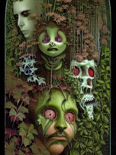 Image similar to The Hanging-Gardens of Pareidolia, lobelia, ivy, verbena and pothos growing facial features and optical-illusions, aesthetic!!!!!!!!!!, by Gerald Brom in the style of Johfra Bosschart in the style of,