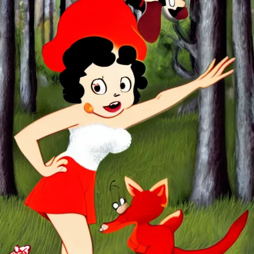 Image similar to betty boop riding a fox in the woods, high definition