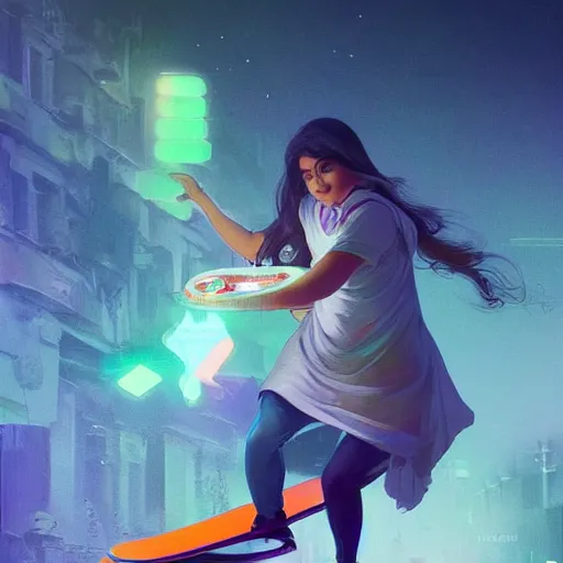 Image similar to character concept of a white bengali girl, chubby, riding a skateboard, neon lights, highly detailed, digital painting, artstation, concept art, symmetry, smooth, sharp focus, illustration, art by artgerm and greg rutkowski and alphonse mucha