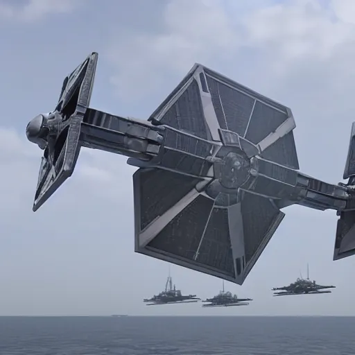 Image similar to a tie fighter coming in for a landing on a usa aircraft carrier. octane 3 d render, cinematic.