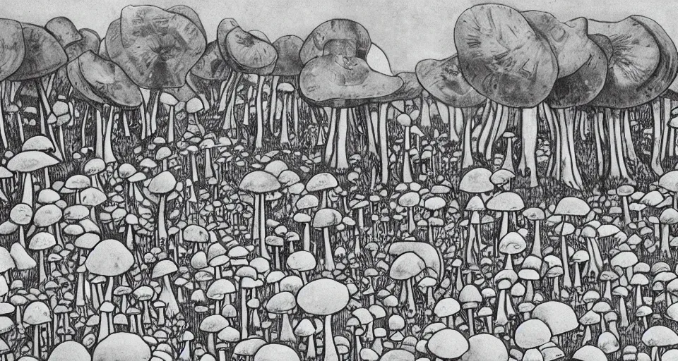 Image similar to A tribal village in a forest of giant mushrooms, by Charles Addams