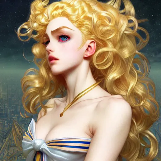 Prompt: Sailor Moon as a male, pale skin curly blond hair, fantasy, intricate, elegant, highly detailed, digital painting, artstation, concept art, matte, sharp focus, illustration, art by Artgerm and Greg Rutkowski and Alphonse Mucha