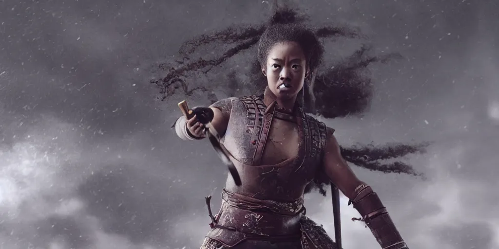 Image similar to a film still of a black woman starring in a japanese blockbuster film as ancient samurai, levitating mid air, intense, shallow depth of field, cinematic, award winning cgi, vfx, film still
