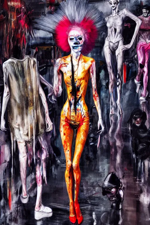 Image similar to crazy fashion catwalk, one model, crazy clothes, biopunk style, horror, hauntingly surreal, highly detailed painting by francis bacon, edward hopper, adrian ghenie, gerhard richter, and james jean soft light 4 k,