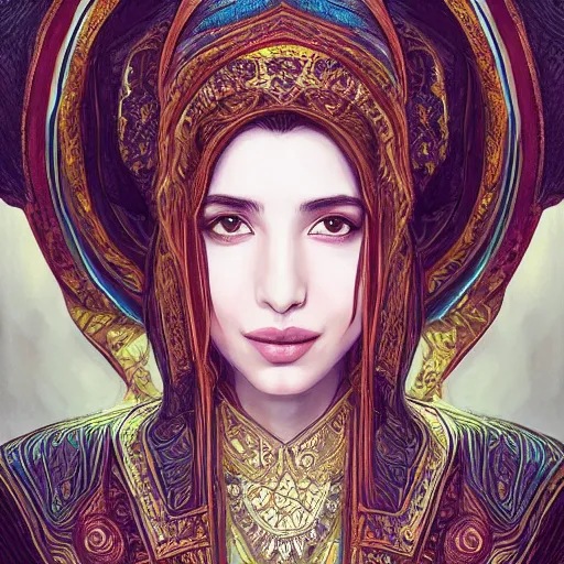 Prompt: head-on symmetrical centered painted portrait, Mahira Khan as a D&D wizard, Persian medieval robes, fantasy, intricate, elegant, highly detailed, digital painting, smooth, sharp focus, illustration, artstation, in the style of Artgerm and Anna Podedworna and Alex Ross