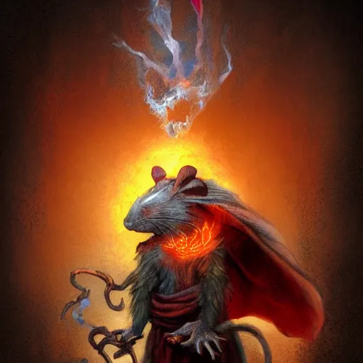 Prompt: fantasy painting of a ghostly rat sorcerer with glowing red eyes, wearing tattered black burlap robes, floating in mist, clutching a blue flame in each hand, anthropomorphic rat, skaven, master splinter, nicodemus, photorealistic, artstation