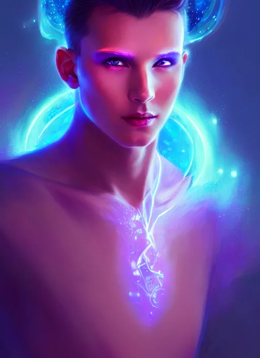 Image similar to a male faceless glowing liquefied stardust adventurer, dnd fantasy character, full body portrait, glowing neon skin, magical aura, ultra realistic, intricate, elegant, highly detailed, digital painting, artstation, smooth, sharp, focus, illustration, art by artgerm and greg rutkowski and alphonse mucha