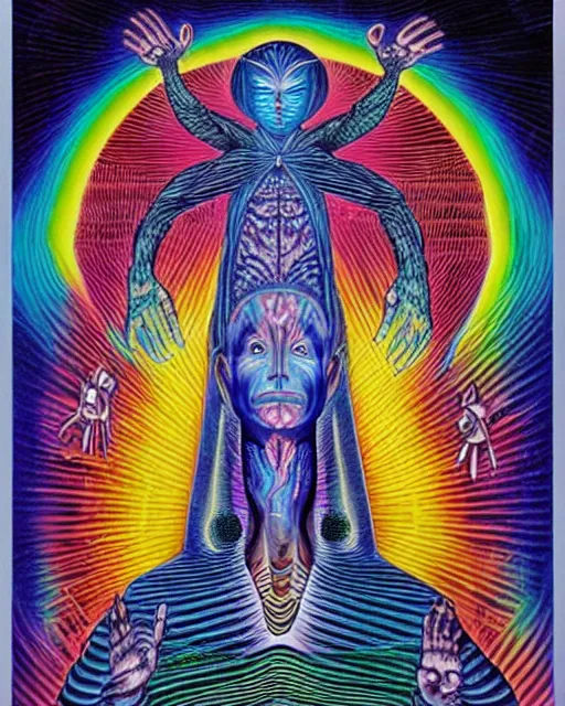 Prompt: blue glowing alien high priest god at the altar by alex grey