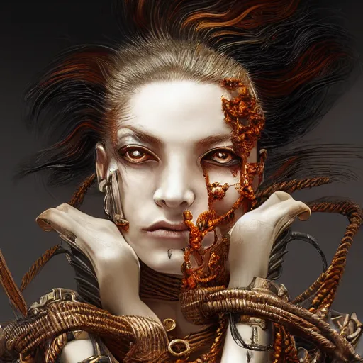 Image similar to portrait of a Shibari rope wrapped face and neck, headshot, insanely nice professional hair style, dramatic hair color, digital painting, of a old 15th century, old cyborg merchant, amber jewels, baroque, ornate clothing, scifi, realistic, hyperdetailed, chiaroscuro, concept art, art by Franz Hals and Jon Foster and Ayami Kojima and Amano and Karol Bak,