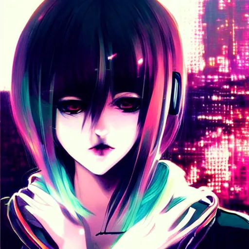 Prompt: portrait of beautiful anime girl, cyberpunk theme, art by Ilya Kuvshinov.