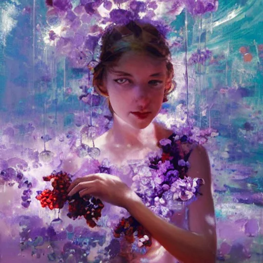 Image similar to a girl with three eyes : : on 5 translucent luminous spheres, full of floral and berry fillings, in an ocean of lavender color by john berkey