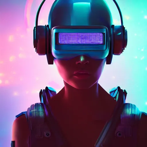 Image similar to cyberpunk concept cool warrior girl bot, cinema 4 d, galaxy, ufo, space sci - fi, wearing vr goggles, illustration, portrait, pastel neon textured background night, trending on artstation, greg rutkowski, octane rendered, 1 2 k, detailed,