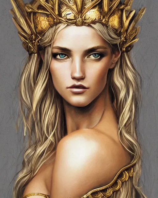 Image similar to tattoo design sketch of hot blonde super model as aphrodite greek goddess wearing a gold laurel wreath and triangle earrings, beautiful piercing gaze with sharp pupils, in the style of greg rutkowski, fantasy, amazing detail, epic, elegant, smooth, sharp focus, front view