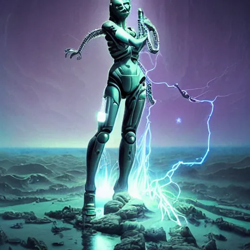 Prompt: a highly detailed 3D portrait of an attractive female cyborg standing holding a strange xenomorphic weapon in a seductive pose ready for battle. Alien spaceship high in the background. Flowing beautiful hair, anatomy portrait, fullbody, symmetrical and science fiction theme with lightning, aurora lighting clouds and stars. Clean and minimal design by beksinski, carl spitzweg, HR Giger and Tuomas Korpi and bouguereau and Zdzislaw Beksinski, good clear quality, lighting, biology, symmetrical artwork, perfect face, 135 mm, cinematic, hyper realism, high detail, octane render, 8k, crimson accents