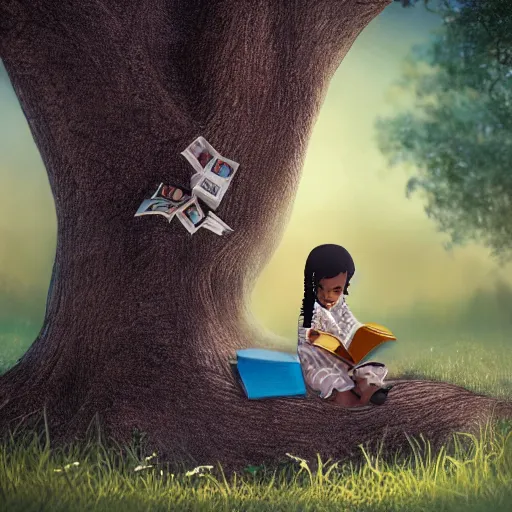 Image similar to stunning, coherent, impressive, detailed still of black little girl, reading a book, underneath a tree, follow shot, 3d, in the style of pixar, comic book style, 3d, highly detailed, sharp focus, bokeh, depth of field, 16k resolution, Unreal Engine 5, coherent, cinematic lighting, photorealistic, by Zhang Jingna