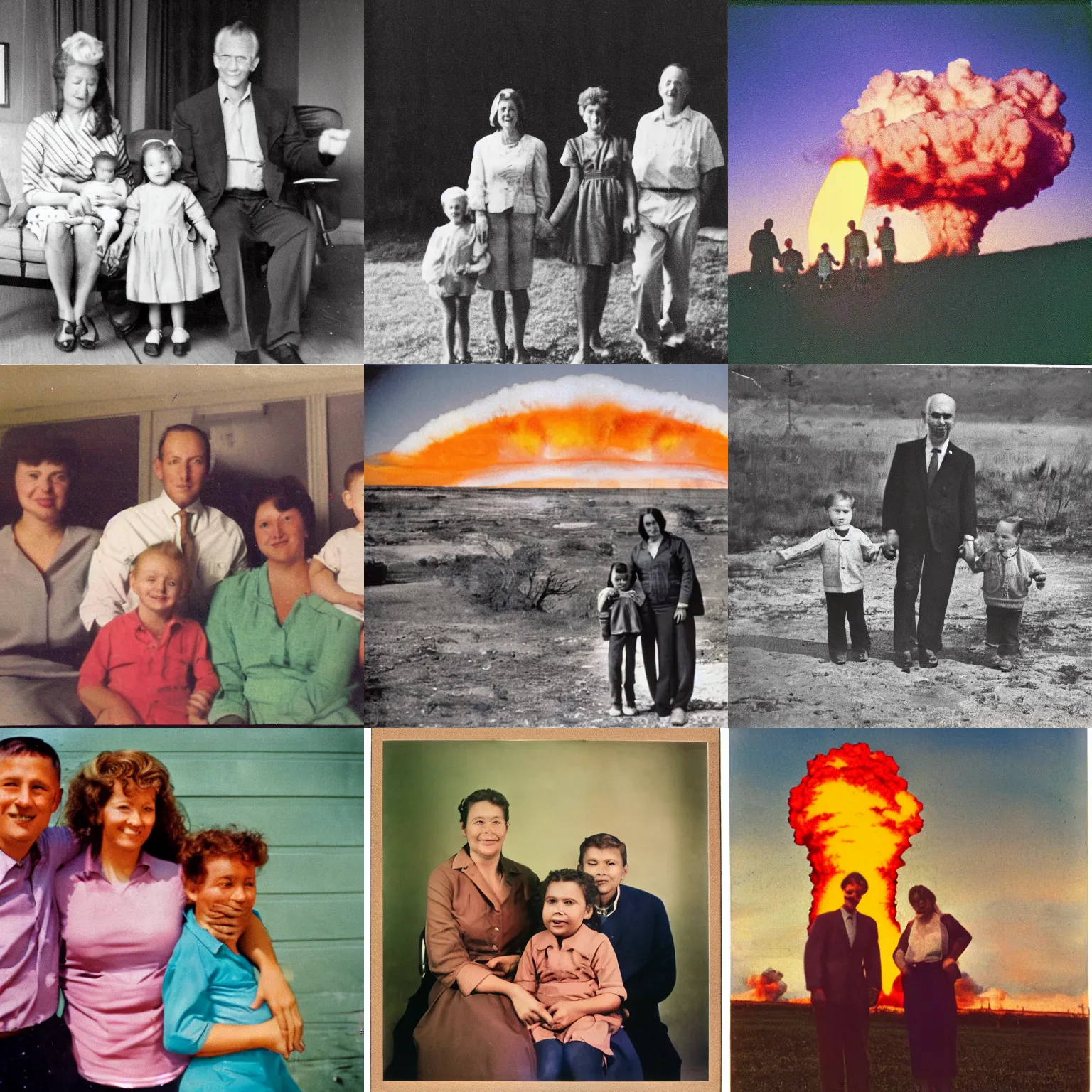 Prompt: color photograph of a nuclear explosion family.