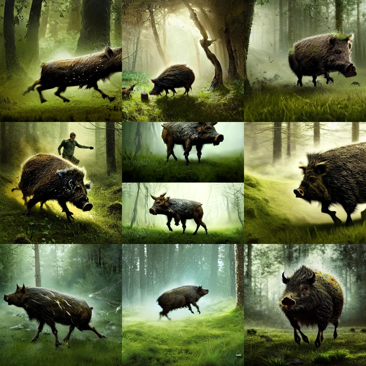 Prompt: a stunning sticky glue wild boar charge in the forest, green toxic fluids, fly particles, dust, anatomy, moving blur, natural weight, hair fluid, 4 legs, running through a meadow by greg rutkowski, high key lighting, volumetric light, digital art, highly detailed, fine detail, intricate, ornate, complex, octane render, unreal engine, photorealistic