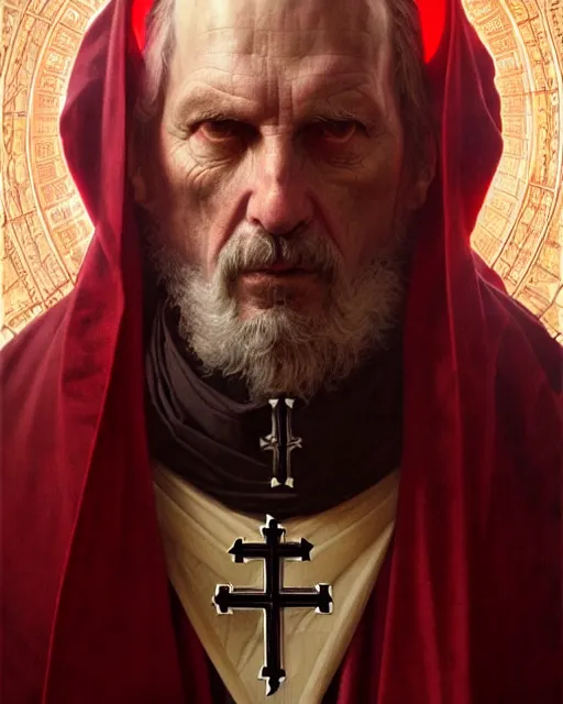 Image similar to realistic portrait of a nasty bishop, cross, evil, heroic pose, beautiful face, bible, full body, dramatic lighting, intricate, wild, highly detailed, digital painting, artstation, concept art, smooth, sharp focus, illustration, art by artgerm and greg rutkowski and alphonse mucha, footage from space camera