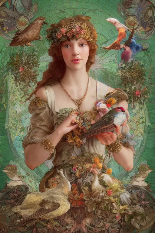 Image similar to zoomed out 3 d render of english princess holding birds, ornaments, mucha vibe, dieselpunk, solarpunk, artstation