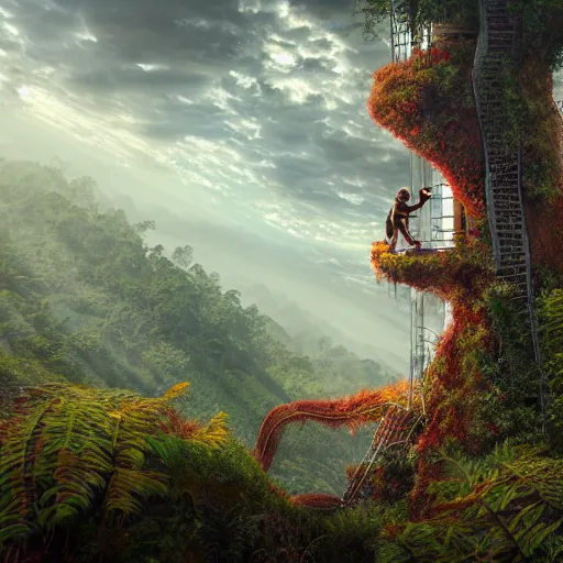 Image similar to red orangutan as doctor who climbing on the unstable lighthouse, beautiful, realistic, atmosphere, vibe, forest, lot of trees, fern, flowers, concept art illustration, color page, tone mapping, akihiko yoshida, james jean, andrei riabovitchev, marc simonetti, digital illustration, greg rutowski, volumetric lighting, sunbeams, particles