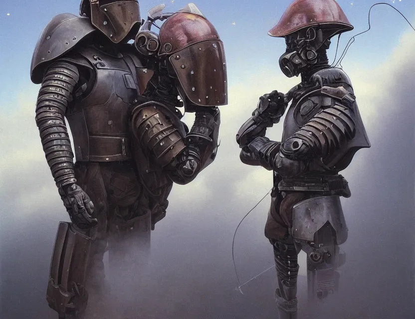 Image similar to a detailed portrait painting of a bounty hunter wearing combat armour and a reflective visor. Dieselpunk. Movie scene, cinematic sci-fi scene. Flight suit, cloth and metal, accurate anatomy. Samurai influence, knight influence. fencing armour. portrait symmetrical and science fiction theme with lightning, aurora lighting. clouds and stars. Futurism by moebius beksinski carl spitzweg moebius and tuomas korpi. baroque elements. baroque element. intricate artwork by caravaggio. Oil painting. Trending on artstation. 8k