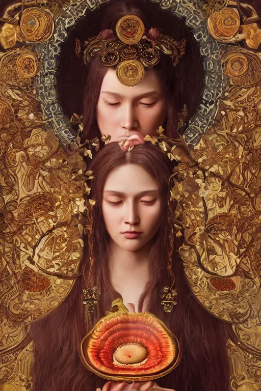 Image similar to breathtaking detailed concept art painting of the goddess of rafflesia arnoldii flowers, orthodox saint, with anxious, piercing eyes, ornate background, amalgamation of leaves and flowers, by Hsiao-Ron Cheng, extremely moody lighting, 8K