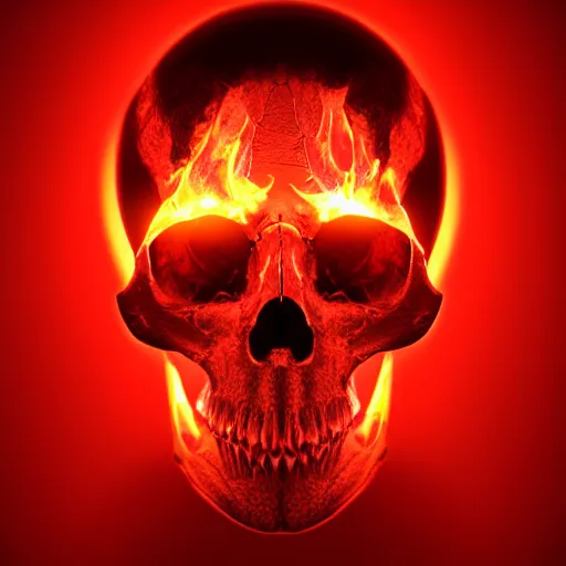 Image similar to a highly detailed human skull on fire in front of a glowing red background, 3 d, fire through eyes, octane render, symmetrical, hyper realism, highly detailed, digital art, artstation, concept art, cinematic lighting, strong bokeh, trending