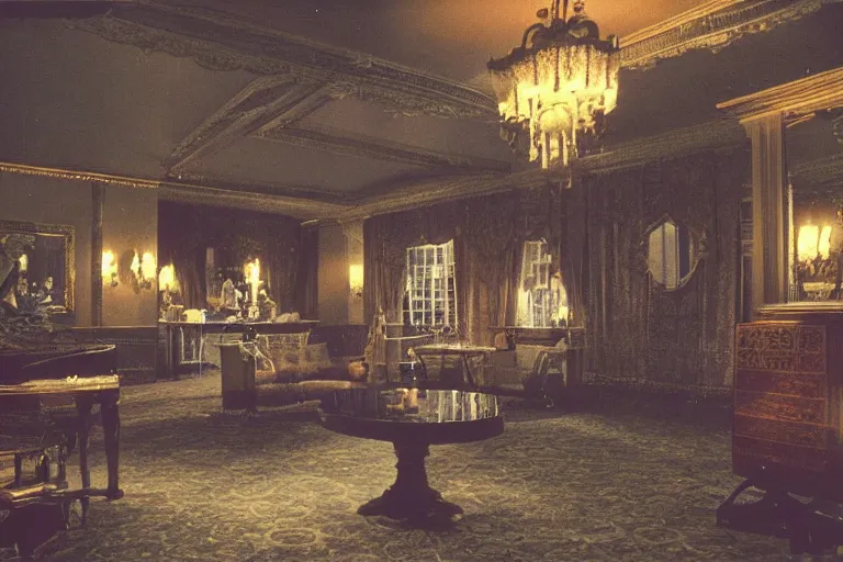 Prompt: full - color 1 9 7 0 s photo of the interior of a spooky elegant mansion at night. the interior architecture and layout are illogical, surreal, bizarre, complicated, and labyrinthine. there is a faintly - visible victorian ghost lurking. highly - detailed high - resolution photography.