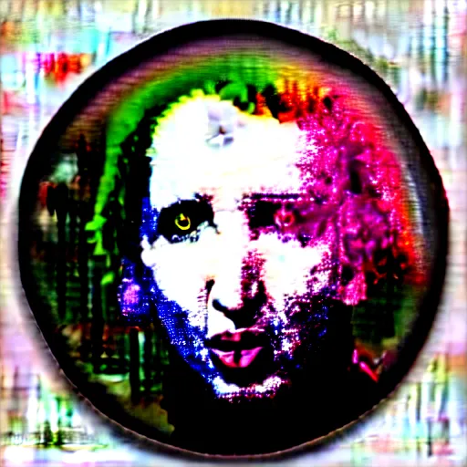 Image similar to painting on a badge!!!!, photo of a marilyn manson, punks not dead!!!!, exploited!!, clash, junk yard, rats!!, god save the queen!!!, punk rock album cover art style, grunge, no future!!!!, glitch effect