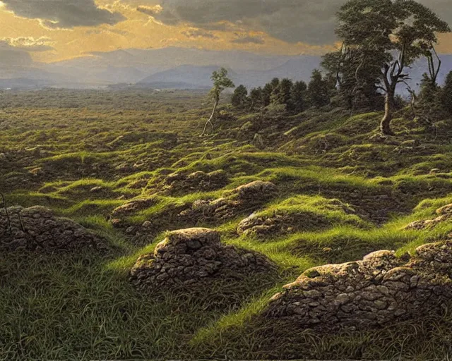 Prompt: a swampy hill landscape with a circle of finger shaped stones, by ted nasmith