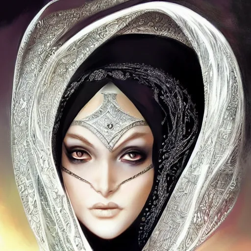 Image similar to a beautiful woman wearing a white niqab made of silver with jewelry and diamonds by alex gray and android jones, karol bak, ayami kojima, arabian, concept art, fantasy