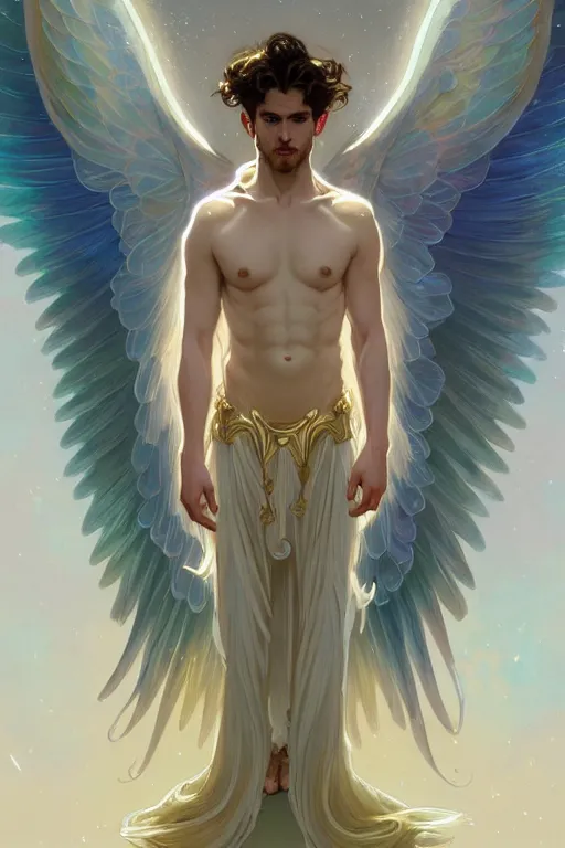 Prompt: full figure beautiful young fit male angel with curly blond hairs, dressed with fluent clothes, majestic wings, luminous halo, by greg rutkowski and alphonse mucha, d & d character, gradient white to gold, in front of an iridescent background, highly detailed portrait, digital painting, artstation, concept art, smooth, sharp focus illustration, artstation hq