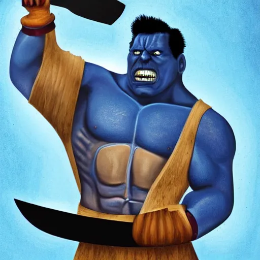 Image similar to a blue hulk holding a giant meat cleaver, blue skin, muskular, artwork, cinematic, mystic, highly detailed