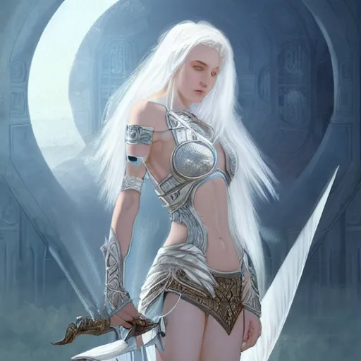 Image similar to portrait white hair knights of Zodiac girl, Sliver ice color reflected armor, in ruined Agora of Athens Sunrise, ssci-fi and fantasy, intricate and very very beautiful and elegant, highly detailed, digital painting, artstation, concept art, smooth and sharp focus, illustration, art by tian zi and WLOP and alphonse mucha