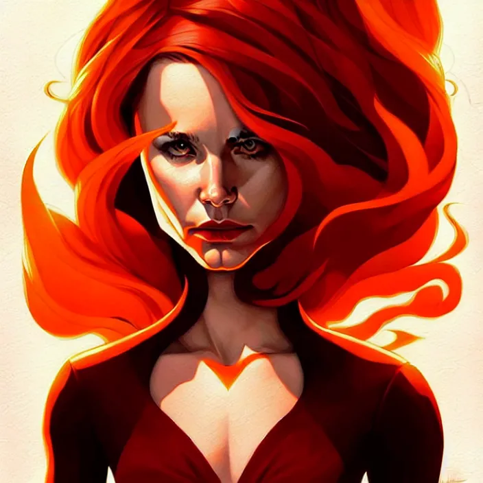 Image similar to style artgerm, joshua middleton, beautiful kristen bell with dark red dress, very long orange hair, symmetrical face, symmetrical eyes, fire powers fire swirling, detailed, volcano setting, cinematic lighting