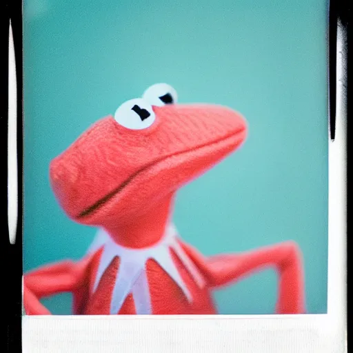 Prompt: Kermit the fish, profile polaroid photo, instax, white frame, by Warhol,