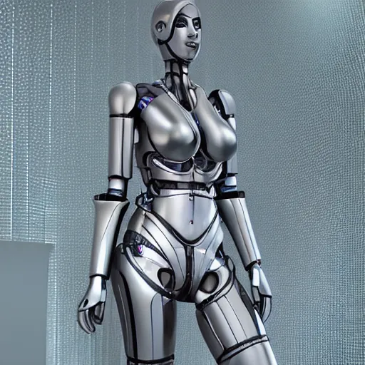 Prompt: womanized humanoid robot made of steel, beautiful face, big breasts, anatomically correct, futuristic, glowing details, symmetrical, unreal engine, ray tracing, 8 k, uhd, ultrarealistic, highly detailed