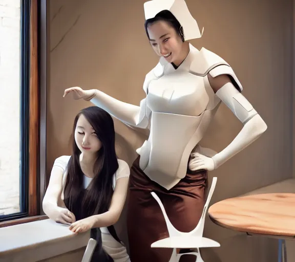 Image similar to stunning young adult korean woman in a coffee shop wearing low poly, glossy white armor, mark arian