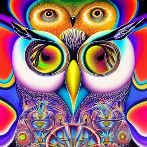 Image similar to the wisest of all owls, psychedelic, alex grey, salvador dali, trending on artstation, surreal