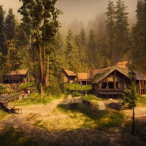 Prompt: ecovillage designed by olson kundig, day time, grand mountains and forest in the distance, farm and gardens, streams, white mist, sun in the sky, Cinematic, environment concept art, ethereal, ultra detailed, unreal engine style, cinematic light, trending in artstation, highly detailed, epic scene
