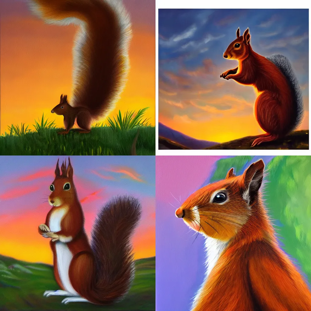 Prompt: Oil Painting Of @king of the squirrels™ , 4K, Sunset