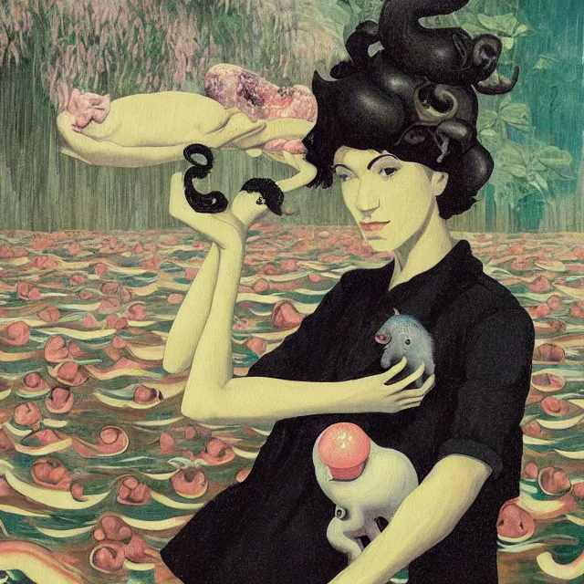 Image similar to tall female emo artist holding a pig's head in her flooded apartment, mushrooms, octopus, water gushing from ceiling, painting of flood waters inside an artist's apartment, a river flooding indoors, pomegranates, ikebana, zen, rapids, waterfall, black swans, canoe, berries, acrylic on canvas, surrealist, by magritte and monet