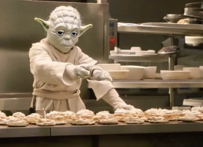 Prompt: film still of yoda working as a pastry chef in the new Star Wars movie, 4k