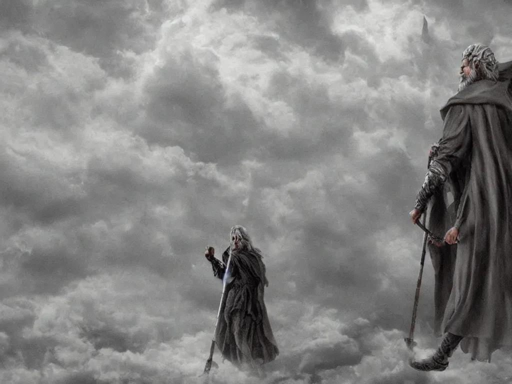 Image similar to Odin the wanderer in a grey cloak with his staff travelling walking on a path with clouds above him, neo-romanticism, norse mythology