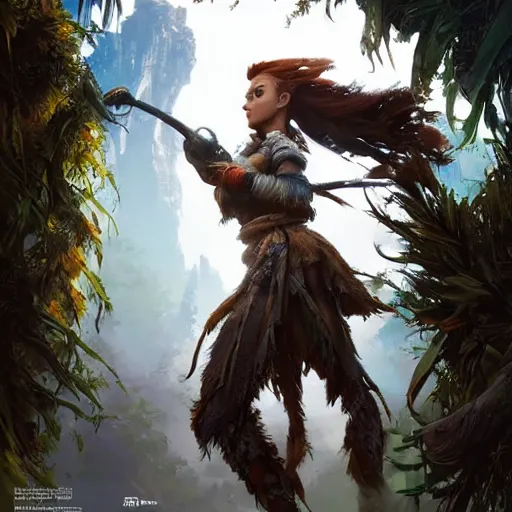 Image similar to wide shot, aloy from horizon zero dawn eating a bannana, digital art, highly detailed, digital painting, symmetry, concept art, sharp focus, illustration, art by artgerm! greg rutkowski magali villeneuve wlop! ilya kuvshinov!!, octane render