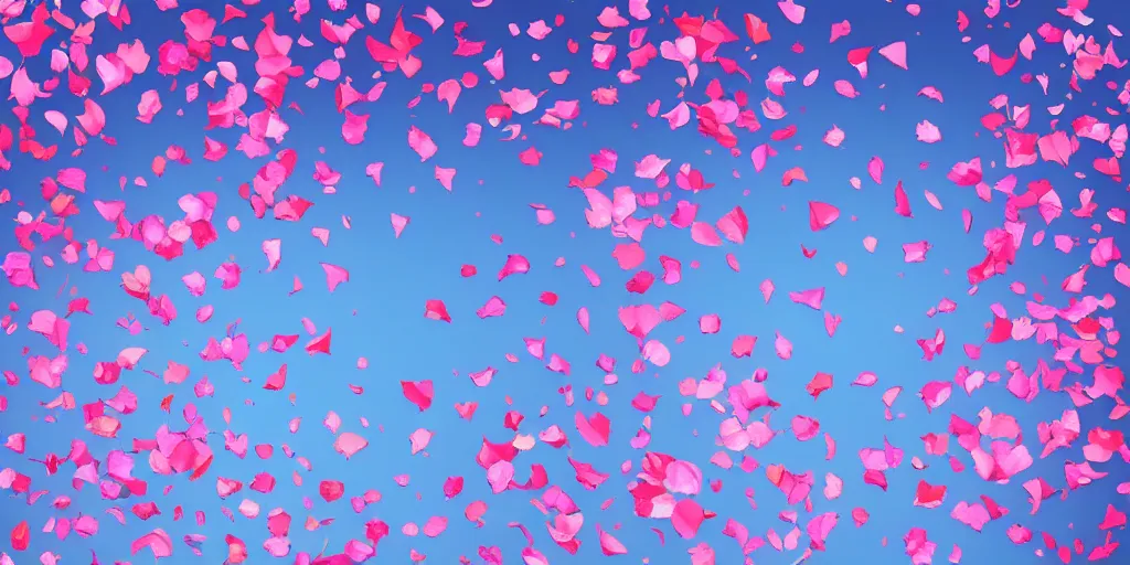 Image similar to background art of spaciously scattered flower petals flowing and floating through the blowing swirling directional wind from left to right on a simple cloudy blue sky background, large individual rose petals, angular background elements, polygonal fragments, anime, artgerm, manga, trending on artstation, art nouveau, mature color scheme