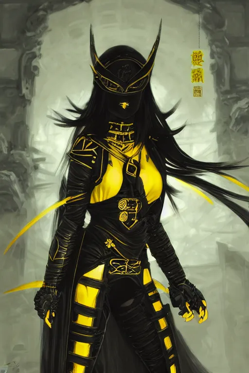 Prompt: portrait Ninja gaiden girl armored black and yellow ninja wardrobe, at ruin japanese temple rainny night, ssci-fi and fantasy, intricate and very very beautiful and elegant, highly detailed, digital painting, artstation, concept art, smooth and sharp focus, illustration, art by tian zi and WLOP and alphonse mucha