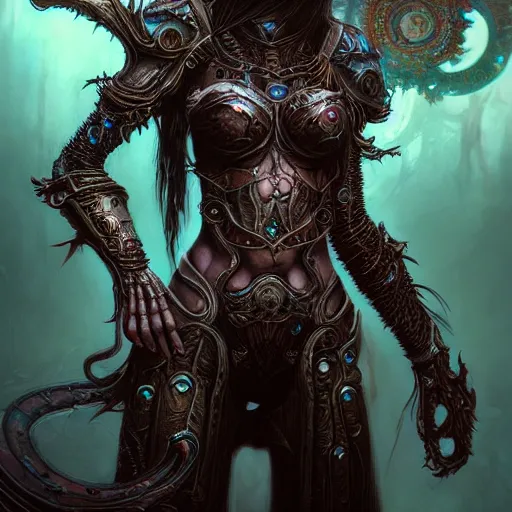 Image similar to a highly detailed long shot photo of chthonic warcraft female character by ayami kojima, beksinski, giger, intricate, digital painting, artstation, intricate, concept art, smooth, sharp focus, illustration