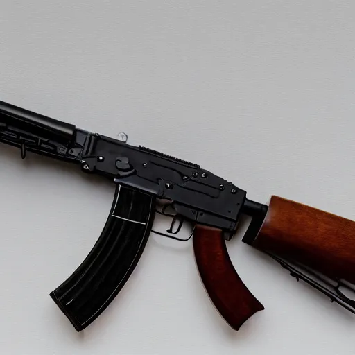 Prompt: A medium shot photograph of an AK-47 against a white background, 4k, ultra HD