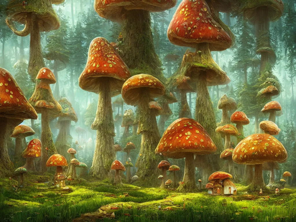 Prompt: A beautiful painting of a pine forest with a toadstool village, houses in the shape of mushrooms, whimsical cabins, Digital Art by James Christensen and Beeple, Trending on artstation